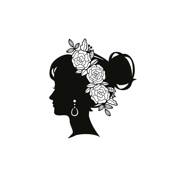 Silhouette Young Female Hairstyle Flowers — Stock Vector