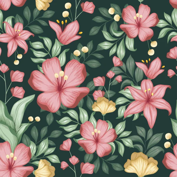 现实的五彩缤纷的花卉无缝 纺织品印花设计 — 图库矢量图片