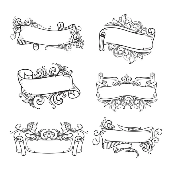 Hand Drawn Banner Set Floral Baroque — Stock Vector