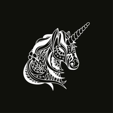 Siyah ve beyaz basit tek boynuzlu at çizimi