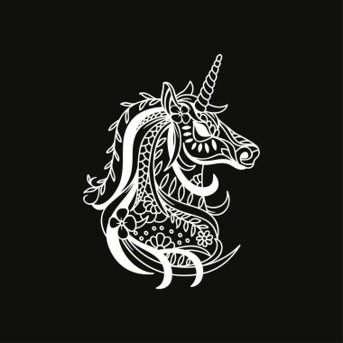 Siyah ve beyaz basit tek boynuzlu at çizimi