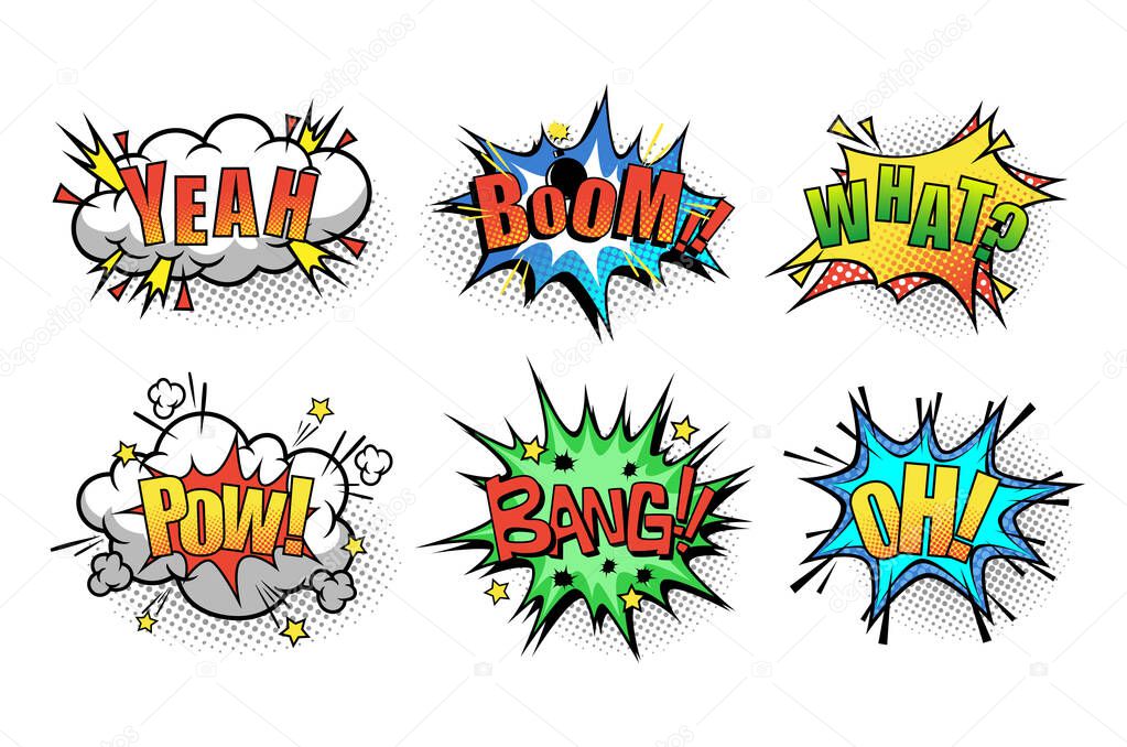 Cartoon speech bubble with phrase Boom, yeah, what, pow, bang, oh