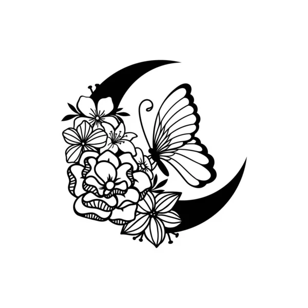 蝶と花のスタイルの装飾と三日月 — ストックベクタ