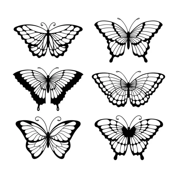 Σύνολο Πεταλούδες Γραμμή Τέχνη Μονόχρωμη Πεταλούδες Απεικόνιση — Διανυσματικό Αρχείο