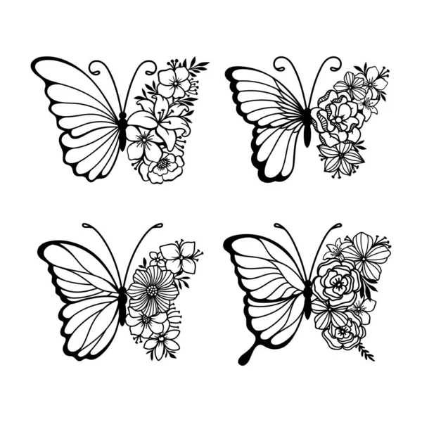 Σύνολο Πεταλούδες Γραμμή Τέχνη Μονόχρωμη Πεταλούδες Απεικόνιση — Διανυσματικό Αρχείο