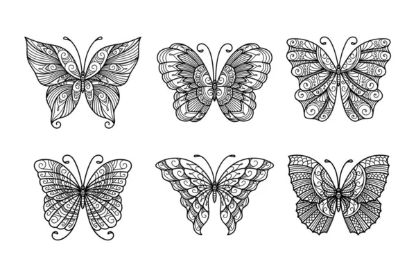 Conjunto Mariposas Arte Línea Mariposas Ilustración Monocromáticas — Vector de stock