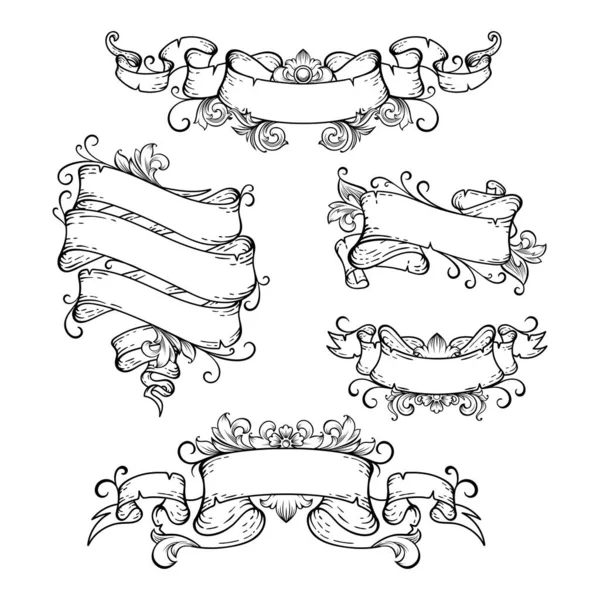 Ensemble Bannière Dessinée Main Avec Baroque Floral — Image vectorielle