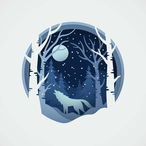 Wolf Wildtiere Mit Vektorpapierschnitt Stil Des Winters — Stockvektor