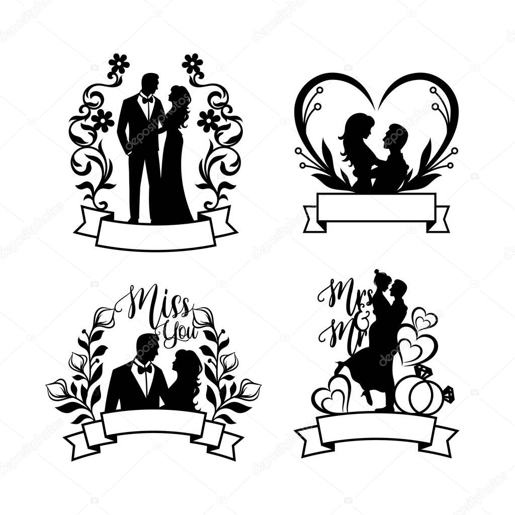 Set of bride and groom silhouette illustration, happy couple celebrating  marriage