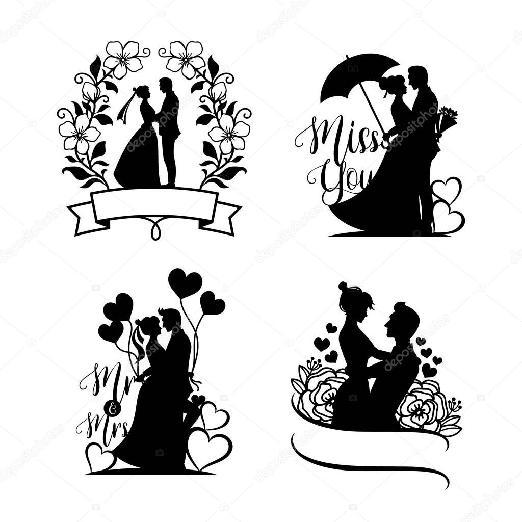 Set of bride and groom silhouette illustration, happy couple celebrating  marriage