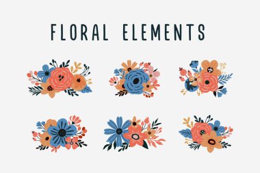 Yapraklı ve çiçekli çiçek seti, kompozisyonlarınız için elementler, tebrik kartları veya düğün davetiyeleri