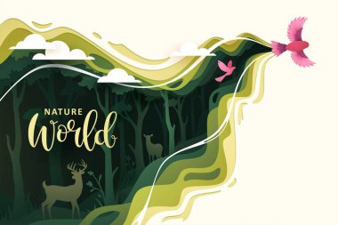 Flying bird in natural forest layered shape wavy background in paper cut style