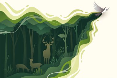 Flying bird in natural forest layered shape wavy background in paper cut style