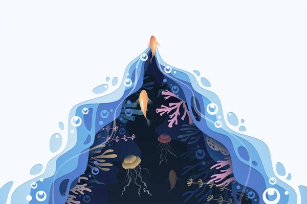 Fishes layered shape wavy ocean underwater background in paper cut style