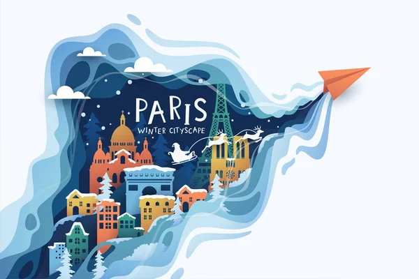 Бумажный Самолет Летящий Париж Над Городскими Зданиями Зимой — стоковый вектор