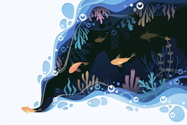 Fishes Layered Shape Wavy Ocean Underwater Background Paper Cut Style — Stok Vektör