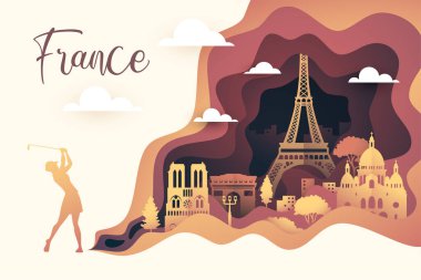 Panorama seyahat reklamları Paris 'in dünyaca ünlü simgelerinin kağıt kesim tarzında.
