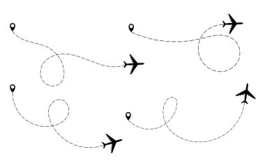 Uçak, uçağın rotasını noktaladı. Başlangıç noktasından ve yol boyunca kesik bir çizgiyle uçmak 