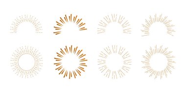 Sunburst vektör toplama. Retro ışınları çerçeveler. Yıldız patlaması çizilmiş daireler ver. Güneş dekoratif elemanlar.