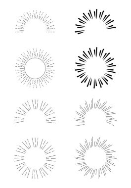 Sunburst vektör toplama. Retro ışınları çerçeveler. Yıldız patlaması çizilmiş daireler ver. Güneş dekoratif elemanlar.