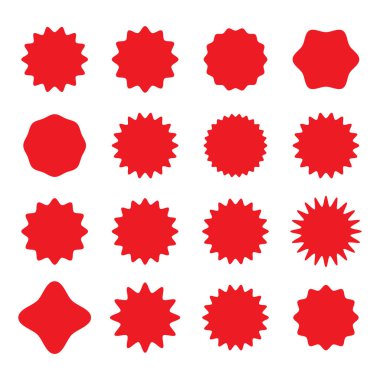 Fiyat etiketini ayarla. İndirimli çıkartma koleksiyonu. Bir çift kırmızı yıldız patlaması, güneş patlaması rozetleri. Etiket simgesi etiketi. Rozet. Tasarım elemanları. Satış etiketi, fiyat etiketi, mark için en iyisi. Vektör çizimi