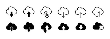 Bulut indirme ve gönderme simgesi. Bulut oku yükle. Çizgi tarzı. Bulut hesaplama anahatlarını indir ve vektör işaretini doldur. Sembol indir.