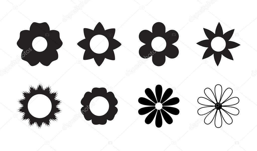 Flower icon set, black Flower isolated on white, vector illustration