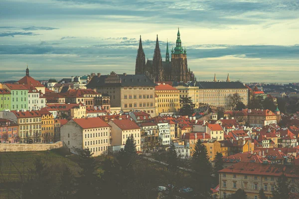 Coloridos Techos Paisaje Urbano Castillo Catedral San Vito Fondo Praga — Foto de Stock