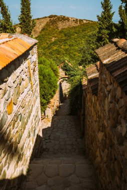 Sighnaghi şehrinin resimli evlerini seyret. Eski güzel kasaba. Eski mimari büyüleyici atmosfer. Eski kasabadaki geleneksel evler.