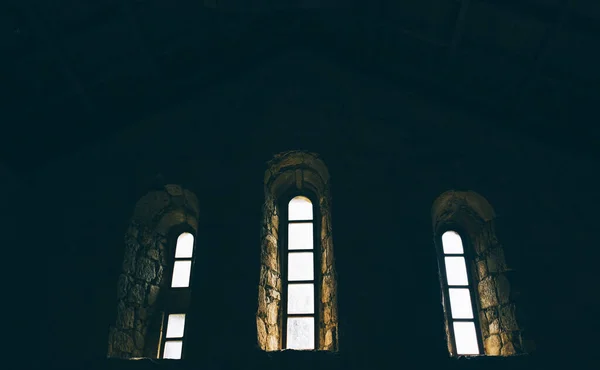 Medieval Castle Windows Sun Light Window Old Architecture Dark Background — стоковое фото