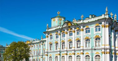 Facade of a historic building in St. Petersburg, Russia. Elements of artistic decoration of the facade of a building in the historic center.