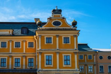 View of the ancient building with stucco on Palace Square and Hermitage. Details of the beautiful architecture of the city.