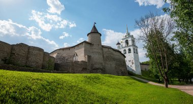 Medieval fortress tower. Ancient castle. Historical and architectural center of the 12th century in the old city, Russia. Medieval fortress and temple complex. Travel summer tourism holiday vacation.