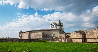 Medieval fortress tower. Ancient castle. Historical and architectural center of the 12th century in the old city, Russia. Medieval fortress and temple complex. Travel summer tourism holiday vacation.
