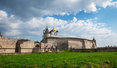 Medieval fortress tower. Ancient castle. Historical and architectural center of the 12th century in the old city, Russia. Medieval fortress and temple complex. Travel summer tourism holiday vacation.