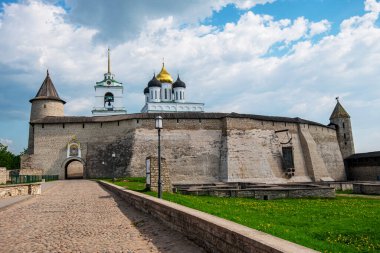 Medieval fortress tower. Ancient castle. Historical and architectural center of the 12th century in the old city, Russia. Medieval fortress and temple complex. Travel summer tourism holiday vacation.