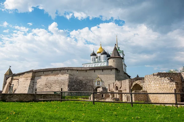 Medieval fortress tower. Ancient castle. Historical and architectural center of the 12th century in the old city, Russia. Medieval fortress and temple complex. Travel summer tourism holiday vacation.