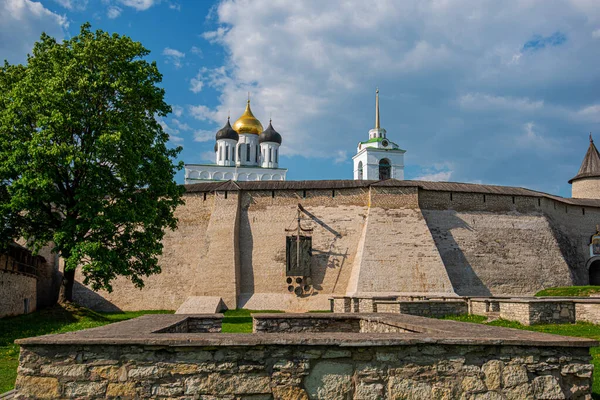 Medieval fortress tower. Ancient castle. Historical and architectural center of the 12th century in the old city, Russia. Medieval fortress and temple complex. Travel summer tourism holiday vacation.