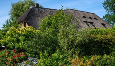 View of typical houses of Giethoorn, Netherlands. The beautiful houses and gardening city is know as 