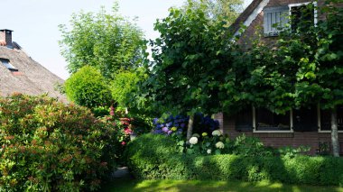 View of typical houses of Giethoorn, Netherlands. The beautiful houses and gardening city is know as 