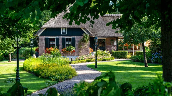 Peaceful Rural Landscape Giethoorn Village Netherlands House Beautiful Flowers Small — 图库照片