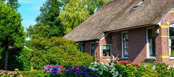 Peaceful Rural Landscape Giethoorn Village Netherlands House Beautiful Flowers Small — 图库照片