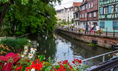 Su kanalında güzel çiçekler ve Colmar 'da geleneksel yarı keresteli evler. Güneşli bir günde sevimli eski bir kasaba. Renkli romantik şehrin güzel manzarası Colmar, Fransa, Alsace.
