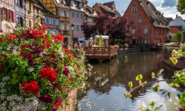 Su kanalında güzel çiçekler ve Colmar 'da geleneksel yarı keresteli evler. Güneşli bir günde sevimli eski bir kasaba. Renkli romantik şehrin güzel manzarası Colmar, Fransa, Alsace.