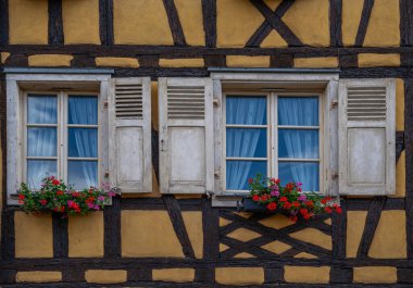 Pencereleri ve koyu keresteleri olan eski bir ev duvarı. Tarihi şehir Colmar, Fransa, Alsace 'de geleneksel ahşap panjurları ve çiçekleri olan geleneksel ahşap evlerin önü..