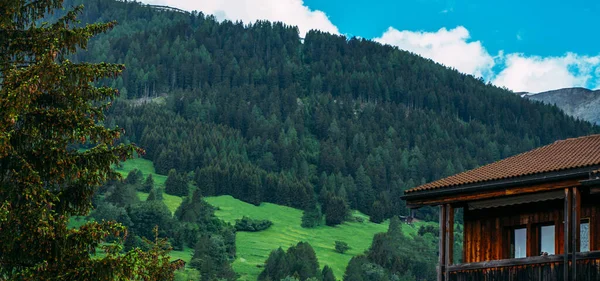 Idylická Alpská Krajina Tradiční Alpskou Vesnicí Čerstvými Zelenými Loukami Lesy — Stock fotografie