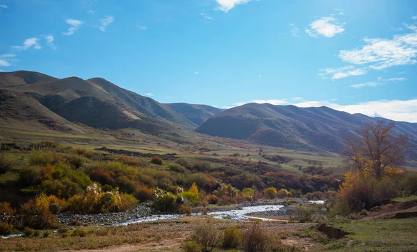 Enfoque Selectivo Valle Montaña Con Pequeño Río Una Carretera Rural — Foto de Stock