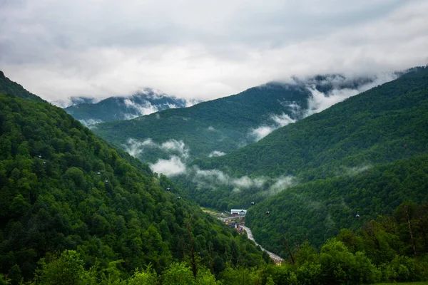 山や雲で春の朝 曇り空に木々や低雲と大気の風景 素晴らしい山の風景 — ストック写真