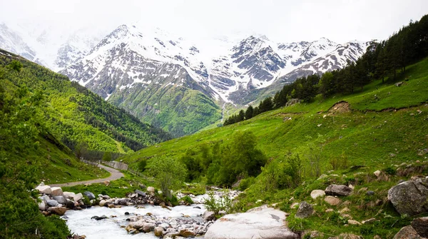 Pittoresco Paesaggio Montano Con Piccolo Fiume Cresta Caucasica Sullo Sfondo — Foto Stock