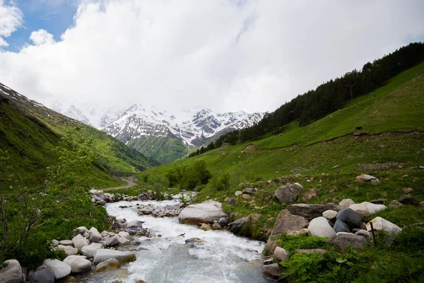 Pittoresco Paesaggio Montano Con Piccolo Fiume Cresta Caucasica Sullo Sfondo — Foto Stock